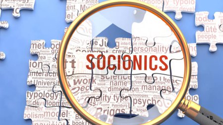 Photo for Socionics as a complex and multipart topic under close inspection. Complexity shown as matching puzzle pieces defining dozens of vital ideas and concepts about Socionics - Royalty Free Image