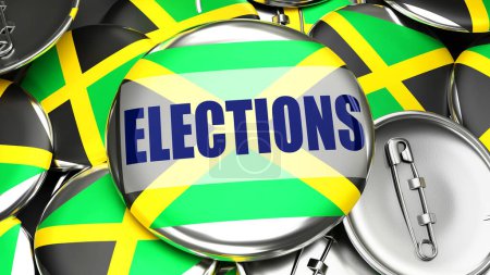 Photo for Jamaica and Elections - dozens of pinback buttons with a flag of Jamaica and a word Elections. 3d render symbolizing upcoming Elections in this country. - Royalty Free Image