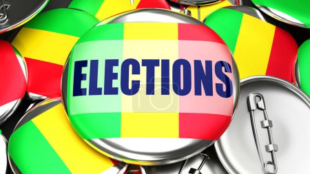 Photo for Mali and Elections - dozens of pinback buttons with a flag of Mali and a word Elections. 3d render symbolizing upcoming Elections in this country. - Royalty Free Image