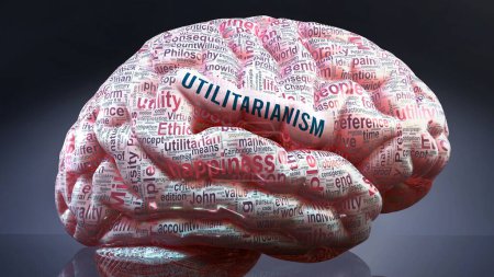 Téléchargez les photos : Utilitarisme dans le cerveau humain, des centaines de termes cruciaux liés à l'utilitarisme projetés sur un cortex pour montrer l'étendue de la condition et d'explorer les concepts qui y sont liés - en image libre de droit