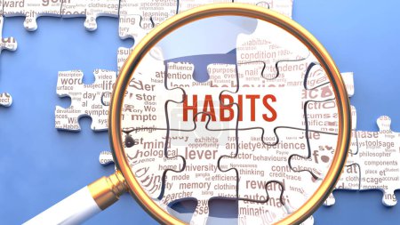 Photo for Habits as a complex and multipart topic under close inspection. Complexity shown as matching puzzle pieces defining dozens of vital ideas and concepts about Habits - Royalty Free Image