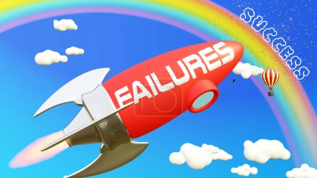 Foto de Failures lead to achieving success in business and life. Cartoon rocket labeled with text Failures, flying high in the blue sky to reach the rainbow, reward and success. - Imagen libre de derechos