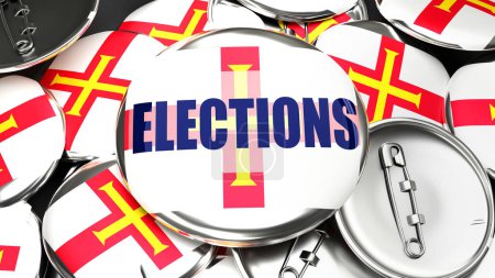 Photo for Guernsey and Elections - dozens of pinback buttons with a flag of Guernsey and a word Elections. 3d render symbolizing upcoming Elections in this country. - Royalty Free Image
