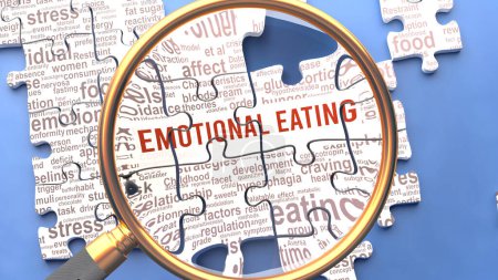 Photo for Emotional eating as a complex and multipart topic under close inspection. Complexity shown as matching puzzle pieces defining dozens of vital ideas and concepts about Emotional eating - Royalty Free Image