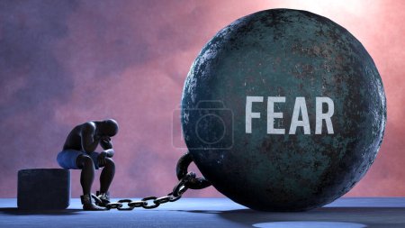 Photo for Fear - a gigantic and unmovable weight chained to a vulnerable and suffering person in pain, misery and helplessness. Cold and tragic condition created by Fear - Royalty Free Image