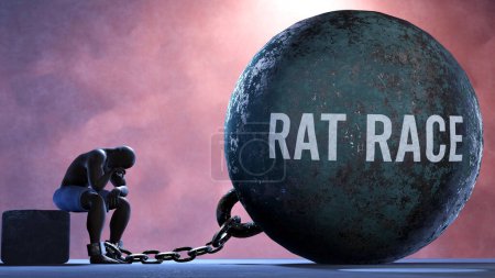Photo for Rat race - a gigantic and unmovable weight chained to a vulnerable and suffering person in pain, misery and helplessness. Cold and tragic condition created by Rat race - Royalty Free Image