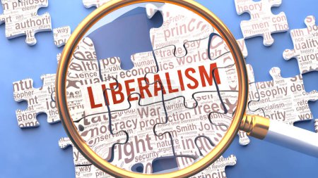 Photo for Liberalism being closely examined along with multiple vital concepts and ideas directly related to Liberalism. Many parts of a puzzle forming one, connected whole. - Royalty Free Image