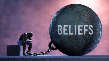 Beliefs - a gigantic and unmovable weight chained to a vulnerable and suffering person in pain, misery and helplessness. Cold and tragic condition created by Beliefs 