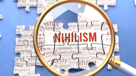 Photo for Nihilism being closely examined along with multiple vital concepts and ideas directly related to Nihilism. Many parts of a puzzle forming one, connected whole. - Royalty Free Image