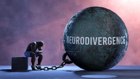 Neurodivergence - a metaphor showing human struggle with Neurodivergence. Resigned and exhausted person chained to Neurodivergence. Drained and depressed by a continuous struggle