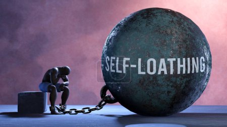 Photo for Self loathing - a metaphor showing human struggle with Self loathing. Resigned and exhausted person chained to Self loathing. Drained and depressed by a continuous struggle - Royalty Free Image