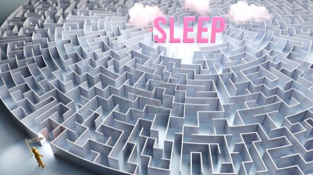 Téléchargez les photos : Un voyage pour trouver le sommeil - passer par un labyrinthe confus d'obstacles et de difficultés pour enfin atteindre le sommeil. Un chemin long et difficile - en image libre de droit