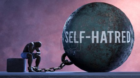 Photo for Self hatred - a metaphor showing human struggle with Self hatred. Resigned and exhausted person chained to Self hatred. Drained and depressed by a continuous struggle - Royalty Free Image