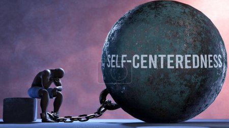 Photo for Self centeredness - a metaphor showing human struggle with Self centeredness. Resigned and exhausted person chained to Self centeredness. Depressed by a continuous struggle - Royalty Free Image
