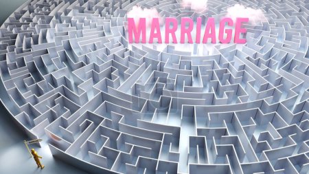 Téléchargez les photos : Un voyage pour trouver le mariage - traverser un labyrinthe confus d'obstacles et de difficultés pour enfin atteindre le mariage. Un chemin long et difficile - en image libre de droit