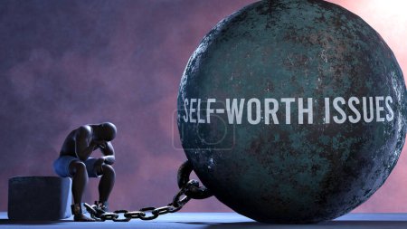 Photo for Self worth issues - a metaphor showing human struggle with Self worth issues. Resigned and exhausted person chained to Self worth issues. Depressed by a continuous struggle - Royalty Free Image