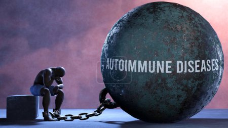 Autoimmunerkrankungen - eine Metapher, die den menschlichen Kampf mit Autoimmunerkrankungen zeigt. Resignierte und erschöpfte Person, angekettet an Autoimmunerkrankungen. Bedrückt von einem andauernden Kampf