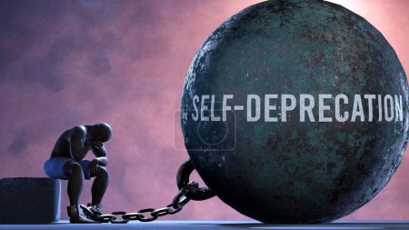 Photo for Self deprecation - a metaphor showing human struggle with Self deprecation. Resigned and exhausted person chained to Self deprecation. Drained and depressed by a continuous struggle - Royalty Free Image