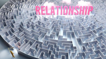 Téléchargez les photos : Un voyage pour trouver la relation - passer par un labyrinthe confus d'obstacles et de difficultés pour enfin atteindre la relation. Un chemin long et difficile - en image libre de droit