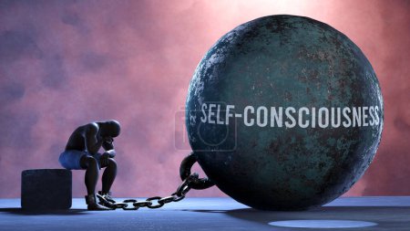Self consciousness - a metaphor showing human struggle with Self consciousness. Resigned and exhausted person chained to Self consciousness. Depressed by a continuous struggle