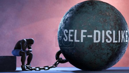 Photo for Self dislike - a metaphor showing human struggle with Self dislike. Resigned and exhausted person chained to Self dislike. Drained and depressed by a continuous struggle - Royalty Free Image