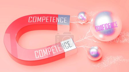 Photo for Competence attracts Confidence. A magnet metaphor in which power of competence attracts multiple parts of confidence. Cause and effect relation between competence and confidence. - Royalty Free Image