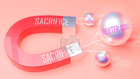 Photo for Sacrifice attracts Greater good. A magnet metaphor in which power of sacrifice attracts multiple parts of greater good. Cause and effect relation between sacrifice and greater good. - Royalty Free Image