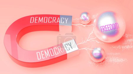 Photo for Democracy attracts Freedom. A magnet metaphor in which power of democracy attracts multiple parts of freedom. Cause and effect relation between democracy and freedom. - Royalty Free Image