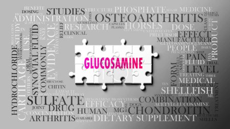 Photo for Glucosamine - a complex subject, related to many concepts. Pictured as a puzzle and a word cloud made of most important ideas and phrases related to glucosamine. - Royalty Free Image