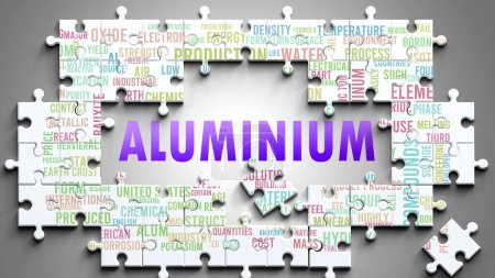Aluminium as a complex subject, related to important topics. Pictured as a puzzle and a word cloud made of most important ideas and phrases related to aluminium.