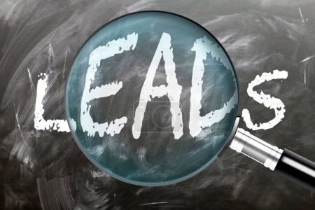 Leads - learn, study and inspect it. Taking a closer look at leads. A magnifying glass enlarging word 'leads' written on a blackboard