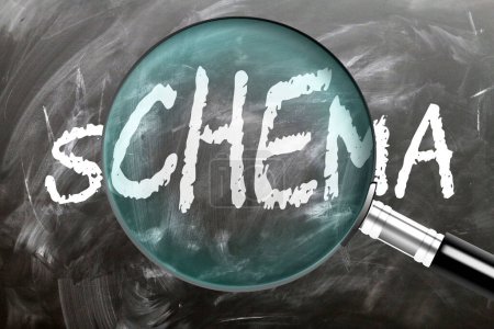 Schema - learn, study and inspect it. Taking a closer look at schema. A magnifying glass enlarging word 'schema' written on a blackboard