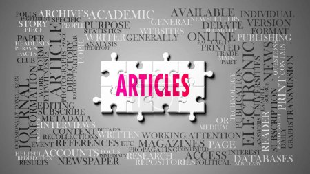 Articles as a complex subject, related to important topics. Pictured as a puzzle and a word cloud made of most important ideas and phrases related to articles. ,3d illustration