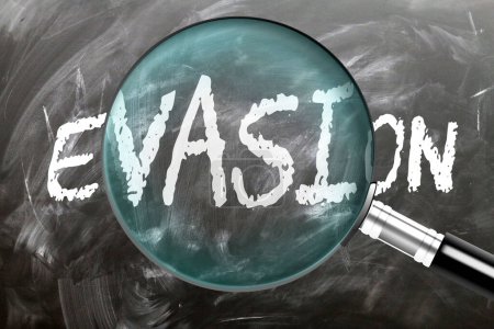 Evasion - learn, study and inspect it. Taking a closer look at evasion. A magnifying glass enlarging word 'evasion' written on a blackboard