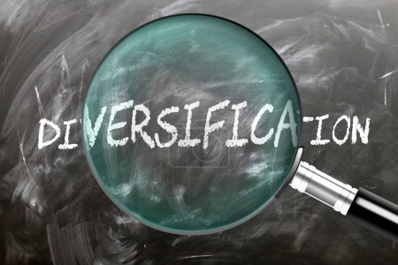Diversification - learn, study and inspect it. Taking a closer look at diversification. A magnifying glass enlarging word 'diversification' written on a blackboard