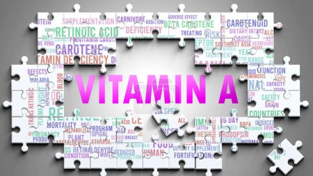 Vitamin A als komplexes Thema, das mit wichtigen Themen zusammenhängt. Abgebildet als Puzzle und Wortwolke aus den wichtigsten Ideen und Phrasen im Zusammenhang mit Vitamin A.