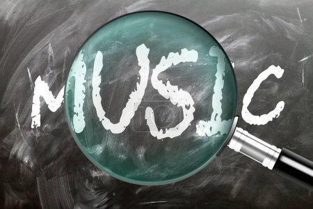 Music - learn, study and inspect it. Taking a closer look at music. A magnifying glass enlarging word 'music' written on a blackboard