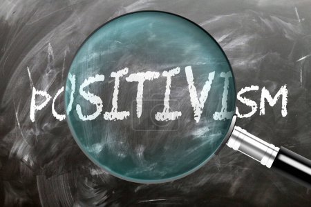 Positivisme - apprendre, étudier et inspecter. Je regarde de plus près le positivisme. Une loupe agrandissant le mot "positivisme" écrit sur un tableau noir