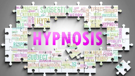Foto de La hipnosis como un tema complejo, relacionado con temas importantes. Retratado como un rompecabezas y una nube de palabras hechas de las ideas y frases más importantes relacionadas con la hipnosis. - Imagen libre de derechos