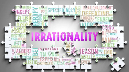 Irrationalität als komplexes Thema, das mit wichtigen Themen zusammenhängt. Abgebildet als Puzzle und Wortwolke aus den wichtigsten Ideen und Phrasen im Zusammenhang mit Irrationalität.