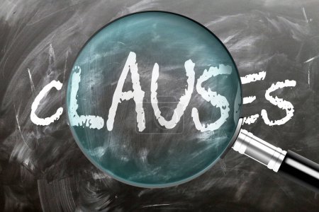 Clauses - learn, study and inspect it. Taking a closer look at clauses. A magnifying glass enlarging word 'clauses' written on a blackboard