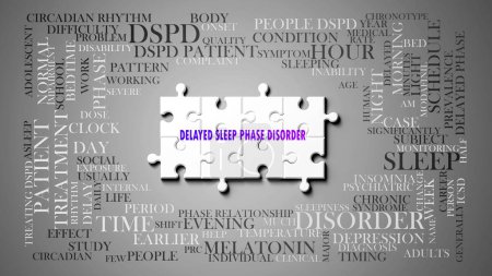 Delayed Sleep Phase Disorder - a complex subject, related to many concepts. Pictured as a puzzle and a word cloud. ,3d illustration