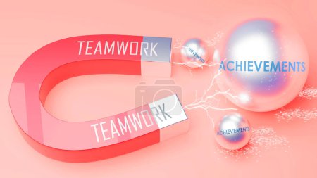 Teamwork attracts Achievements. A magnet metaphor in which power of teamwork attracts achievements. Cause and effect relation between teamwork and achievements. ,3d illustration