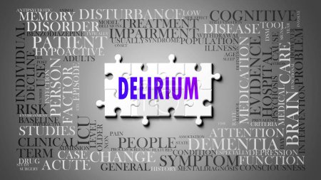 Delirium as a complex subject, related to important topics. Pictured as a puzzle and a word cloud made of most important ideas and phrases related to delirium. ,3d illustration