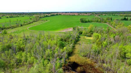 Luftaufnahme von Ackerland im Duffins Rouge Agricultural Preserve, Durham County, Ontario, Kanada. Frühjahr 2023