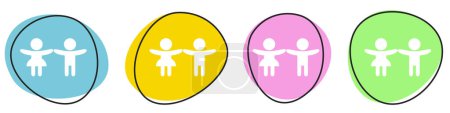 Foto de Banner de botón colorido que muestra el icono de los niños: azul, amarillo, rosa y verde - Imagen libre de derechos