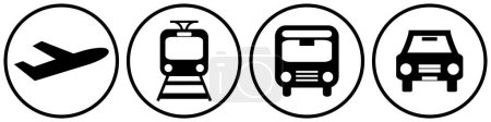 Iconos de movilidad en círculo negro: avión, tren, autobús y coche