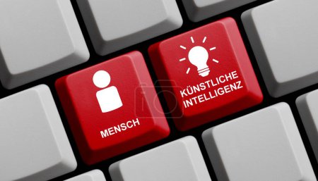 Téléchargez les photos : Clavier d'ordinateur rouge montrant l'intelligence humaine et artificielle en langue allemande Illustration 3D - en image libre de droit