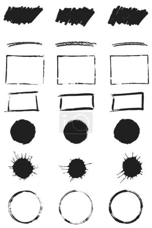 Set of Frames, Banner, Circles, Blots and Rectangles painted with black grunge color