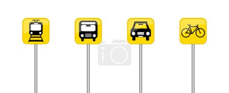 4 Verkehrssymbole auf gelbem Straßenschild